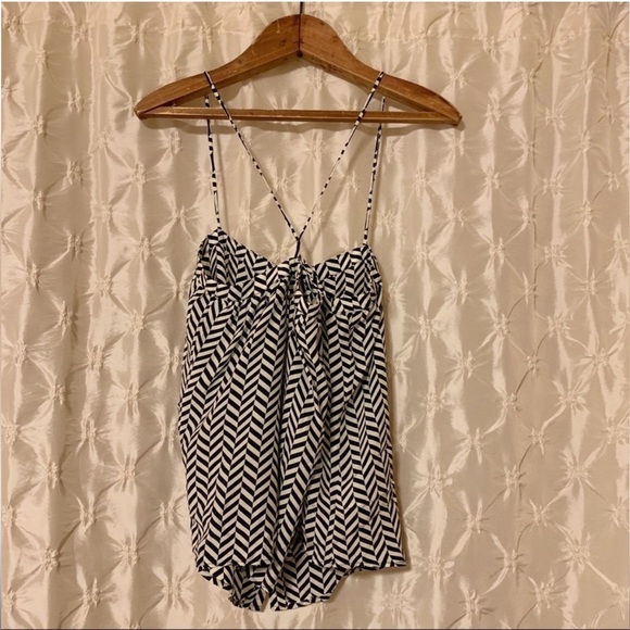 Amour Vert Dolly Silk Tank Top Chevron White Black Button Front Herringbone - Picture 4 of 14